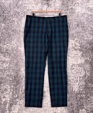 Indochino Pants 36 x 31 Mens 100% Wool Blue Plaid Slim Fit Trouser